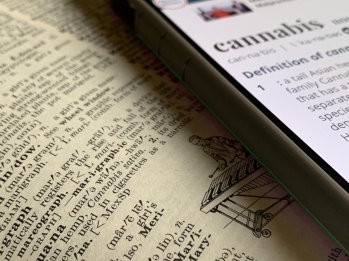 Phone with definition of cannabis on the screen laying on top of an open book.
